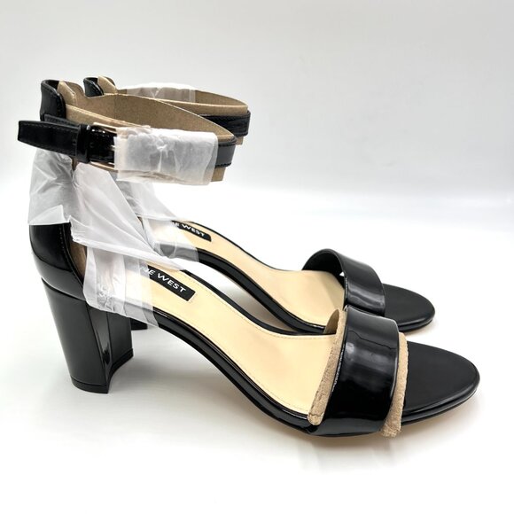 Nine West Womens 7.5M‎ Pruce Black Patent Open Toe Block Heels Sandals Shoes - Picture 1 of 12